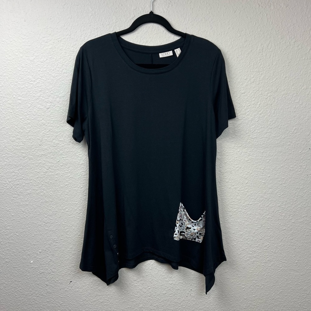 𝅺LOGO Lori Goldstein Modal Blend Leopard Pocket Sharkbite Hem Tunic Black Sz M